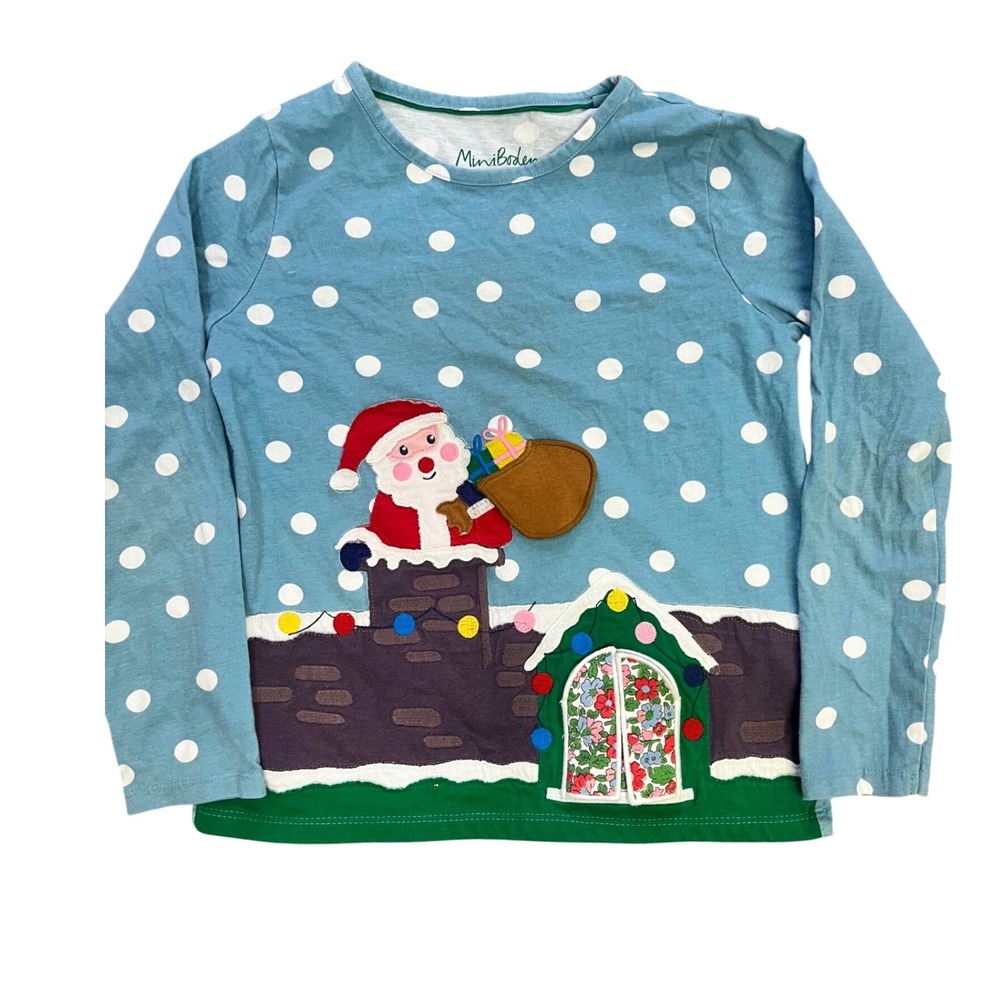Mini Boden Kids Christmas Santa Lift the Flap Polka Dot Long Sleeve Tee 9-10Y‎